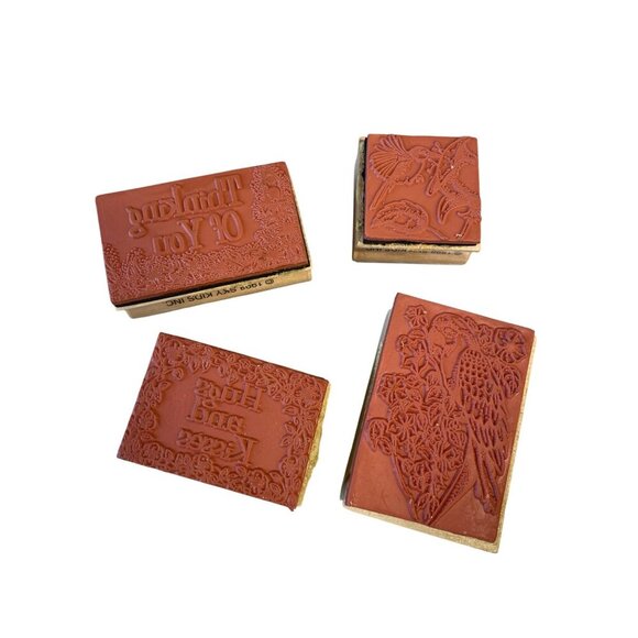 Set Of 4 Vintage Wooden Rubber Stamps Thinking of You Birds Flowers NO INK - Picture 6 of 7